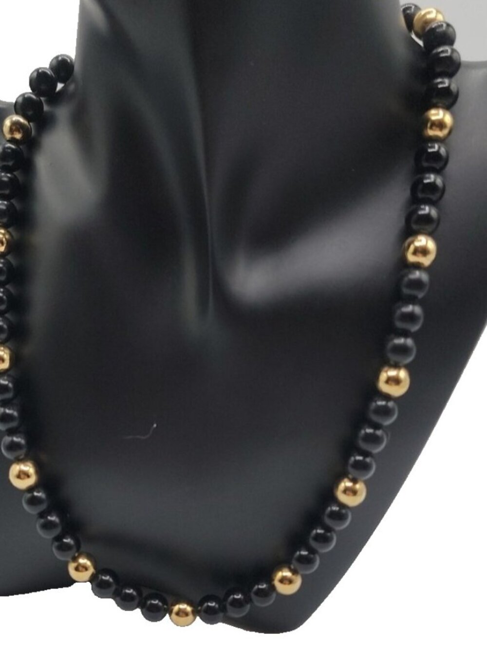 Vintage Napier Black Plastic Bead w/Gold Accent Necklace 24 in 1990s Signed